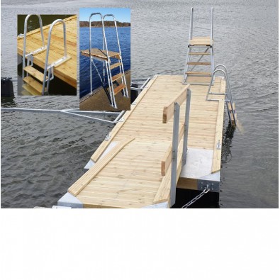 Badebrygge 2.4 x 5.5 meter med treverk og 9 stk 200 liter plastflottører. Med badetrapp og hoppetårn inkludert i prisen