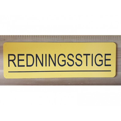 Skilt 295x95 mm, 1,6mm tykk, Gul og Sort - med tekst REDNINGSSTIGE